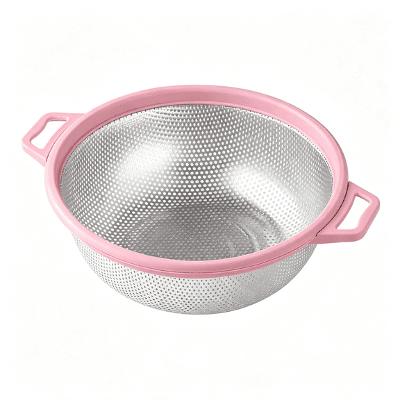 NORIZF Stainless Steel Colander with Handle and Legs, Large Metal Pink Strainer for Pasta, Spaghetti, Berry, Veggies, Fruits, Noodles, Salads, 5-Quart 10.5" Kitchen Mesh Colander, Dishwasher Safe