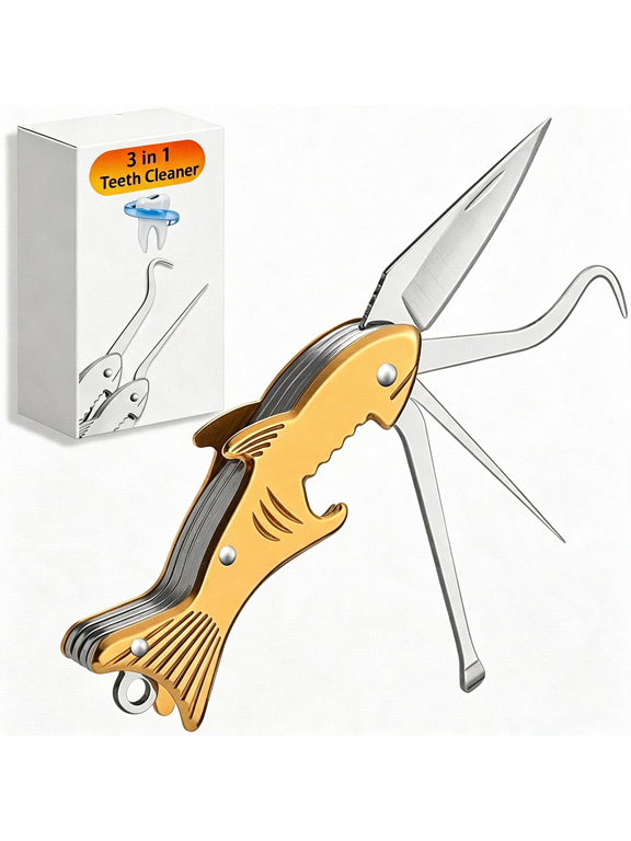 Titanium Metal Toothpick Multi-Tool,4-In-1 Shark Design Gold Keychain|Dental Picks,Mini Knife,Ear Cleaner&Bottle Opener,Compact Titanium Keychain for Travel,Gold Finish,Easy to Carry