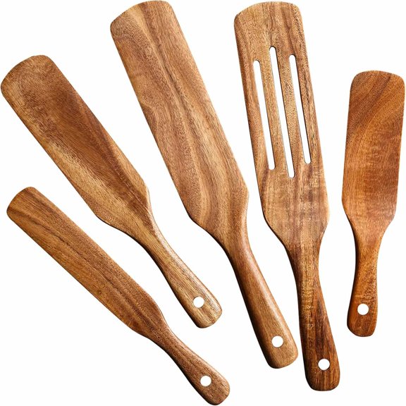 NORIZF Wooden Spurtle Kitchen Utensils, 5Pcs Premium Natural Teak Wood Slotted Spurtle Spatulas Spoons Set for Nonstick Cookware Kitchen Cooking Heat Resistant Non Stick (5)