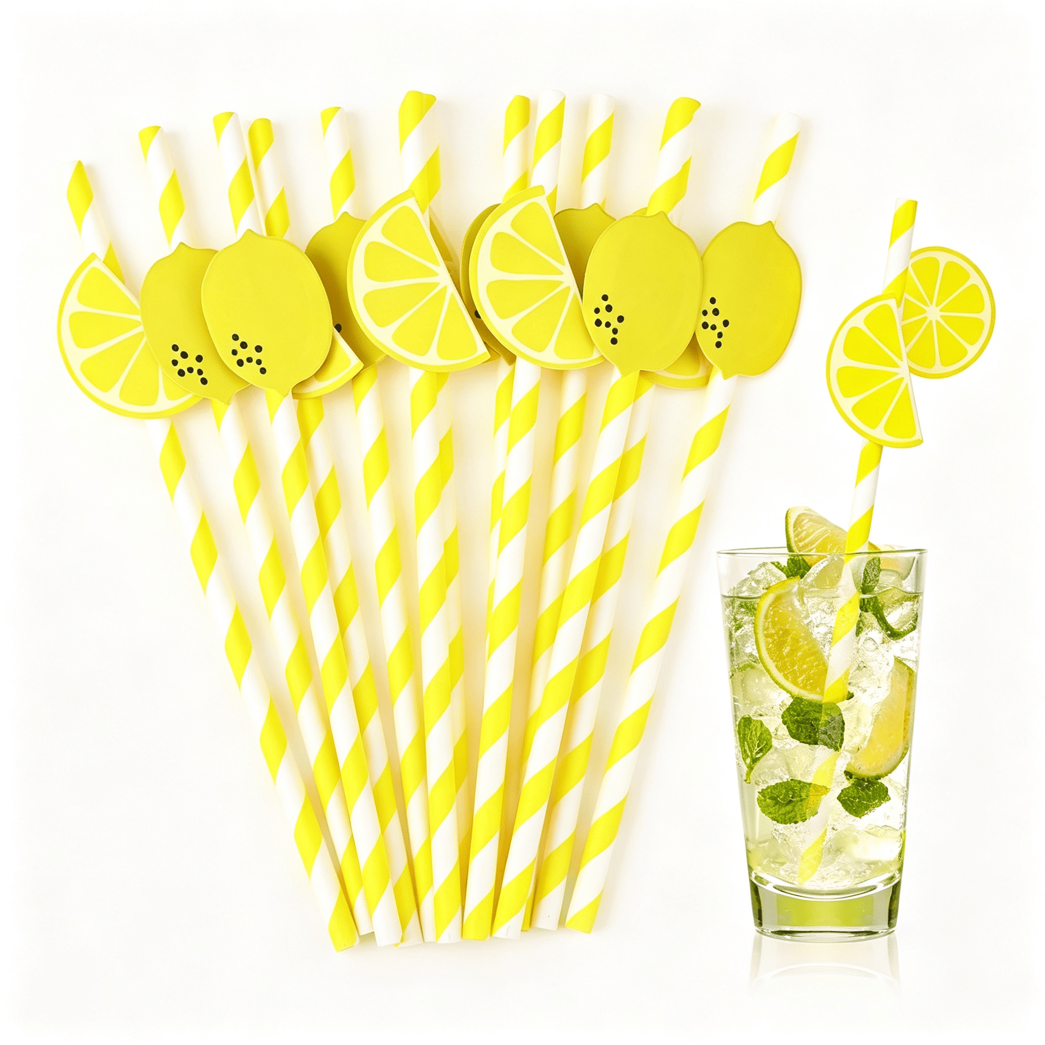 NORIZF Yellow and White Straws,20Pcs Disposable Lemon Patterned Paper ...