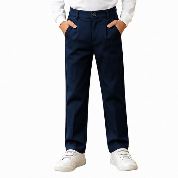 NORO ARK Boys Chino Pants (3-14 Years) Button closure pleated front uniform trousers with side pockets Polyester Spandex Trousers Navy Size 9