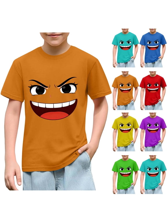 Boys Girls Cotton T-Shirt (3-10) Funny Face Print Short Sleeve Loose Casual Crew Neck Top Purple Size 4T