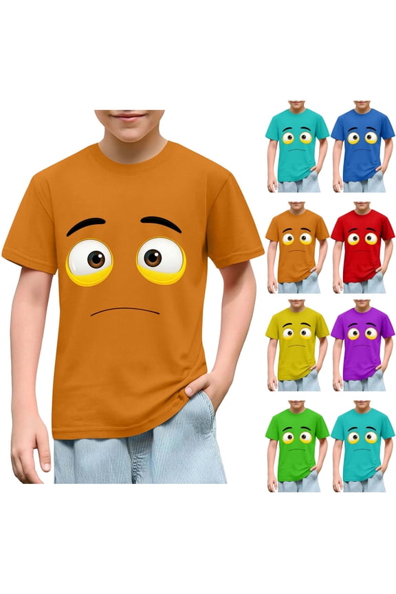 Boys Girls Cotton T-Shirt (3-10) Funny Face Print Short Sleeve Loose Casual Crew Neck Top Red Size 3T