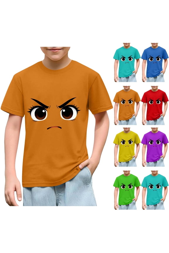 Boys Girls Cotton T-Shirt (3-10) Funny Face Print Short Sleeve Loose Casual Crew Neck Top Yellow Size 4T