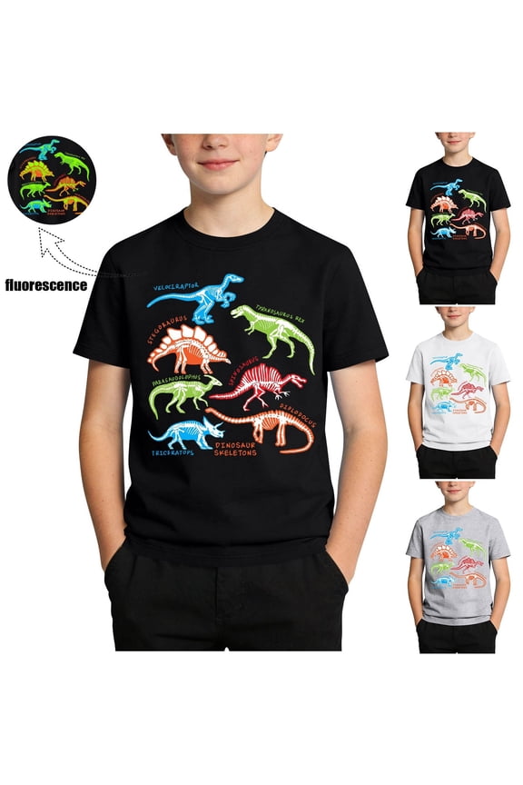 Boys’ Glow-in-the-Dark Dinosaur T-Shirt Graphic Print Soft Cotton-Blend Round Neck Short Sleeve Light-Up for Summer Gray Size 7/8