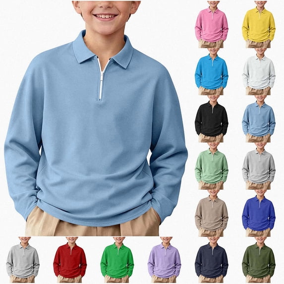 NORO ARK Boys Long Sleeve Polo Shirt (3-15) School Uniform with Half-Zip Tops Light Blue Size 9