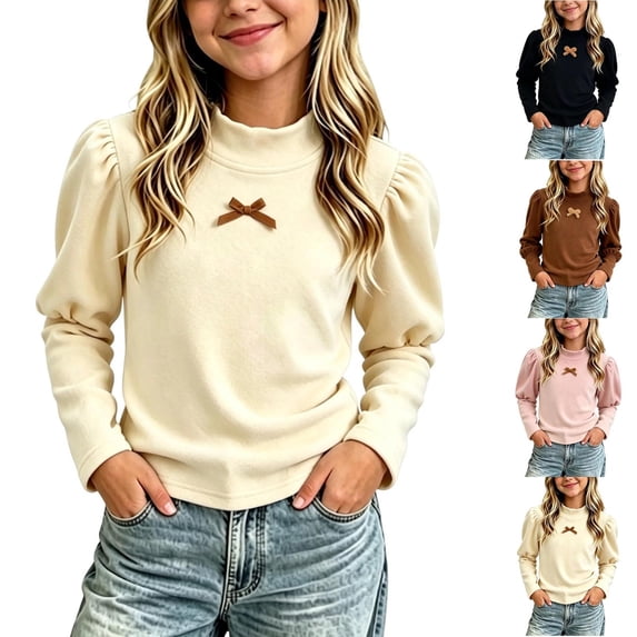NORO ARK Girls Blouse (0-10) Puff Long Sleeve Mock Neck Cute Bow Soft Fleece Casual Slim Polyester Tops Black Size 10