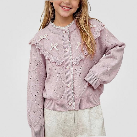 NORO ARK Girls Cardigan (1-9 Years) Ruffled Lace Trim Acrylic Sweater Hot Pink Size 4T