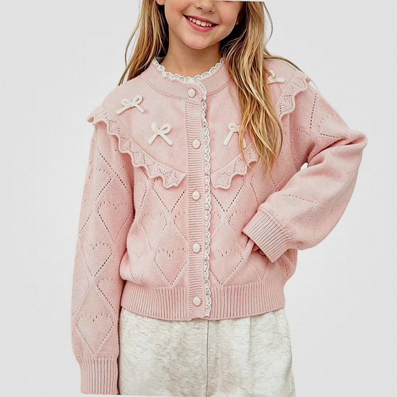 NORO ARK Girls Cardigan (1-9 Years) Ruffled Lace Trim Acrylic Sweater Pink Size 4T