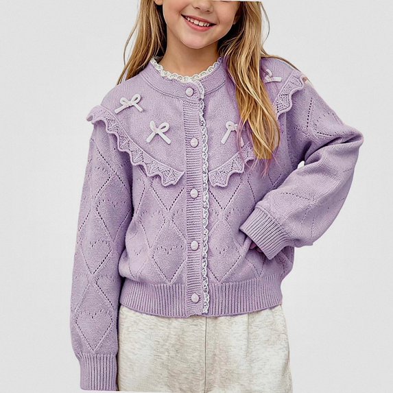NORO ARK Girls Cardigan (1-9 Years) Ruffled Lace Trim Acrylic Sweater Purple Size 12M