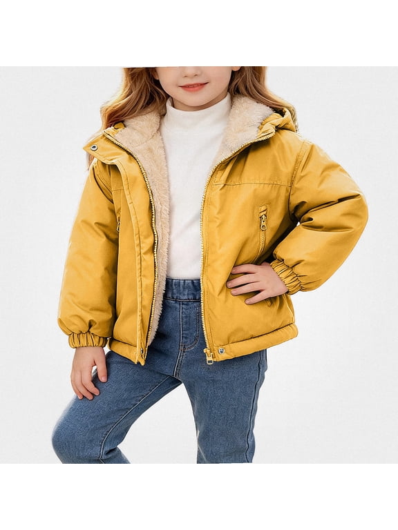 Girls Hooded Coat (18Months-13Years) Warm Thicken Fleece Long Sleeves Jacket 100%Polyester Yellow Size 18M