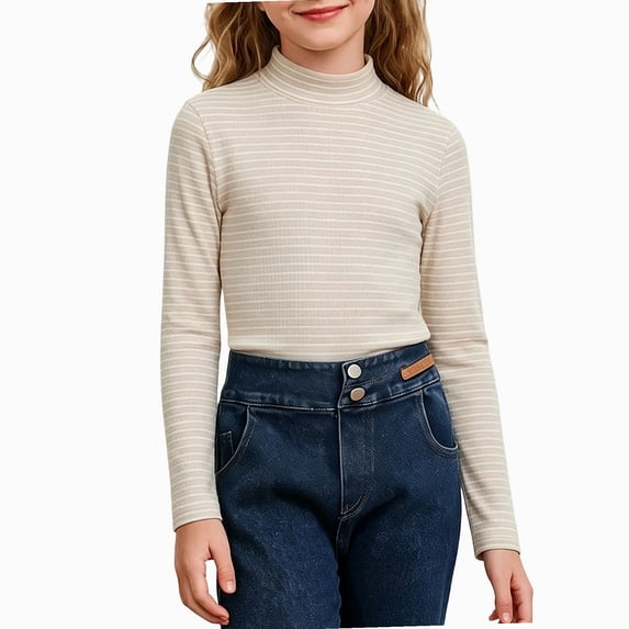 NORO ARK Girls Striped Mock Neck Long Sleeve Shirts (3-15) Soft Ribbed Knit Slim Basic Layering Fall Casual Acrylic Spandex Tees Beige Size 14