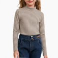 thumbnail image 1 of NORO ARK Girls Striped Mock Neck Long Sleeve Shirts (3-15) Soft Ribbed Knit Slim Basic Layering Fall Casual Acrylic Spandex Tees Coffee Size 9, 1 of 6