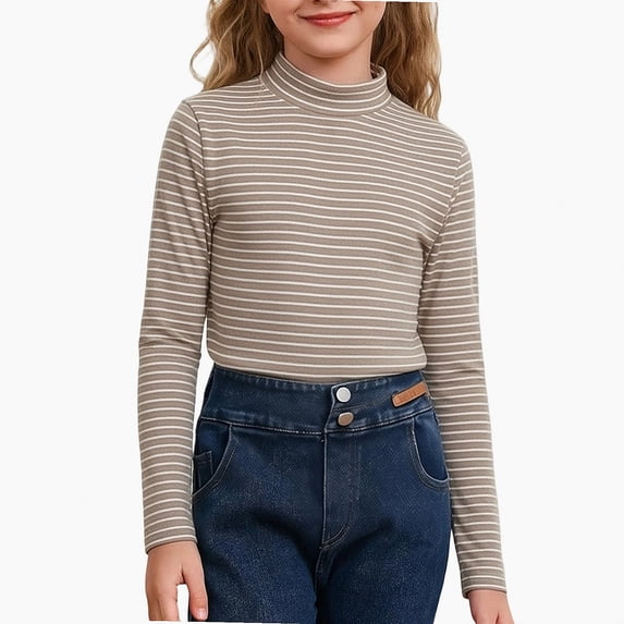 NORO ARK Girls Striped Mock Neck Long Sleeve Shirts (3-15) Soft Ribbed Knit Slim Basic Layering Fall Casual Acrylic Spandex Tees Coffee Size 9