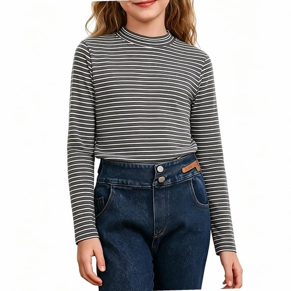 NORO ARK Girls Striped Mock Neck Long Sleeve Shirts (3-15) Soft Ribbed Knit Slim Basic Layering Fall Casual Acrylic Spandex Tees Gray Size 12