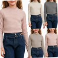 thumbnail image 1 of NORO ARK Girls Striped Mock Neck Long Sleeve Shirts (3-15) Soft Ribbed Knit Slim Basic Layering Fall Casual Acrylic Spandex Tees Pink Size 9, 1 of 6