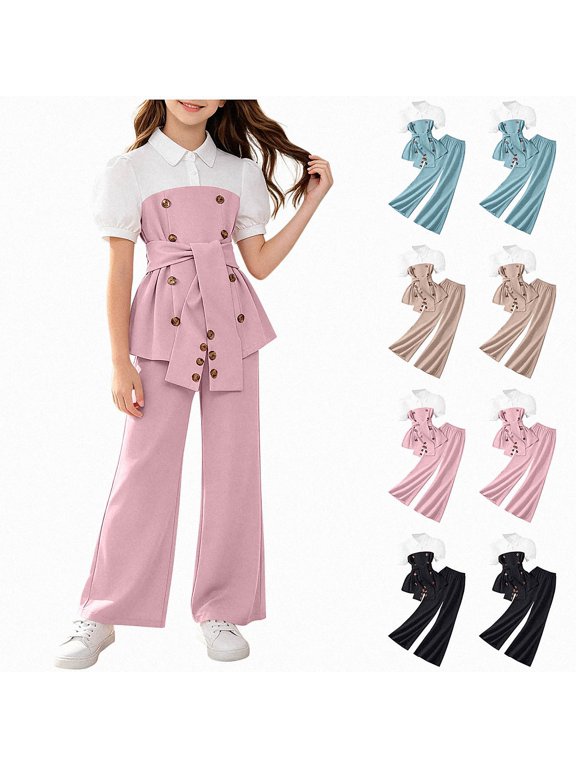 Girls Top And Pants (4-13 Years) Puff Sleeve Color Block Belted Outfit 100% polyester Set Pink Size 8