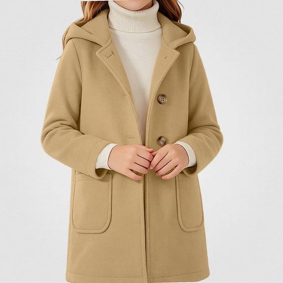 NORO ARK Kids Overcoat (4-15 Years) Hooded Long Sleeve Casual Outwear with Pockets Wool Polyester Jackets Khaki Size 4T