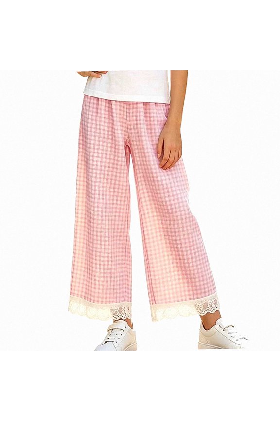 Kids Pants (1-13 Years) Checkered Elastic Waist Casual Pants with Lace Trim 80%Polyester 20%Cotton Trousers Pink Size 7