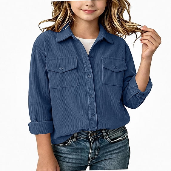 NORO ARK Kids Shirt Jacket (6-14 Years) Lapel Button Down Long Sleeve Shacket With Pockets Casual Oversized Corduroy Blue Size 10
