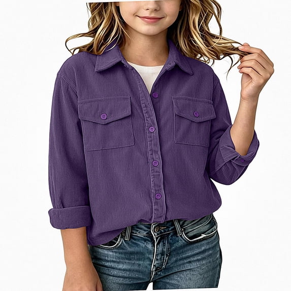 NORO ARK Kids Shirt Jacket (6-14 Years) Lapel Button Down Long Sleeve Shacket With Pockets Casual Oversized Corduroy Purple Size 8