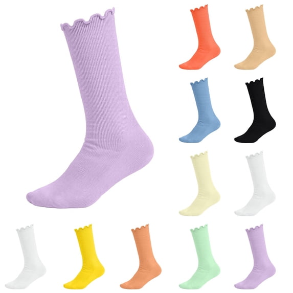 NORO ARK Unisex Kids Sock Mid-Calf Socks with Ruffled Trim Soft, Stretchy Socks for Everyday Wear For Boys & Girls Purple Size 6-14 Years