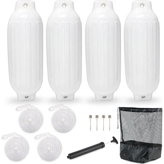 NORTHCAPTAIN Boat Fender 4 Pack Boat Bumpers for Docking with 4 Ropes, Inflatable Ribbed Marine Pontoon Boat Fender Bumper for Docks with 1 Storage Bag, 1 Air Pump and 4 Needles,8.5" X 27",White