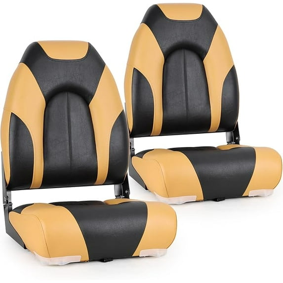 NORTHCAPTAIN Deluxe Marine High Back Folding Boat Seat,Stainless Steel Screws Included,Black/Yellowish-Brown, 2 Seats