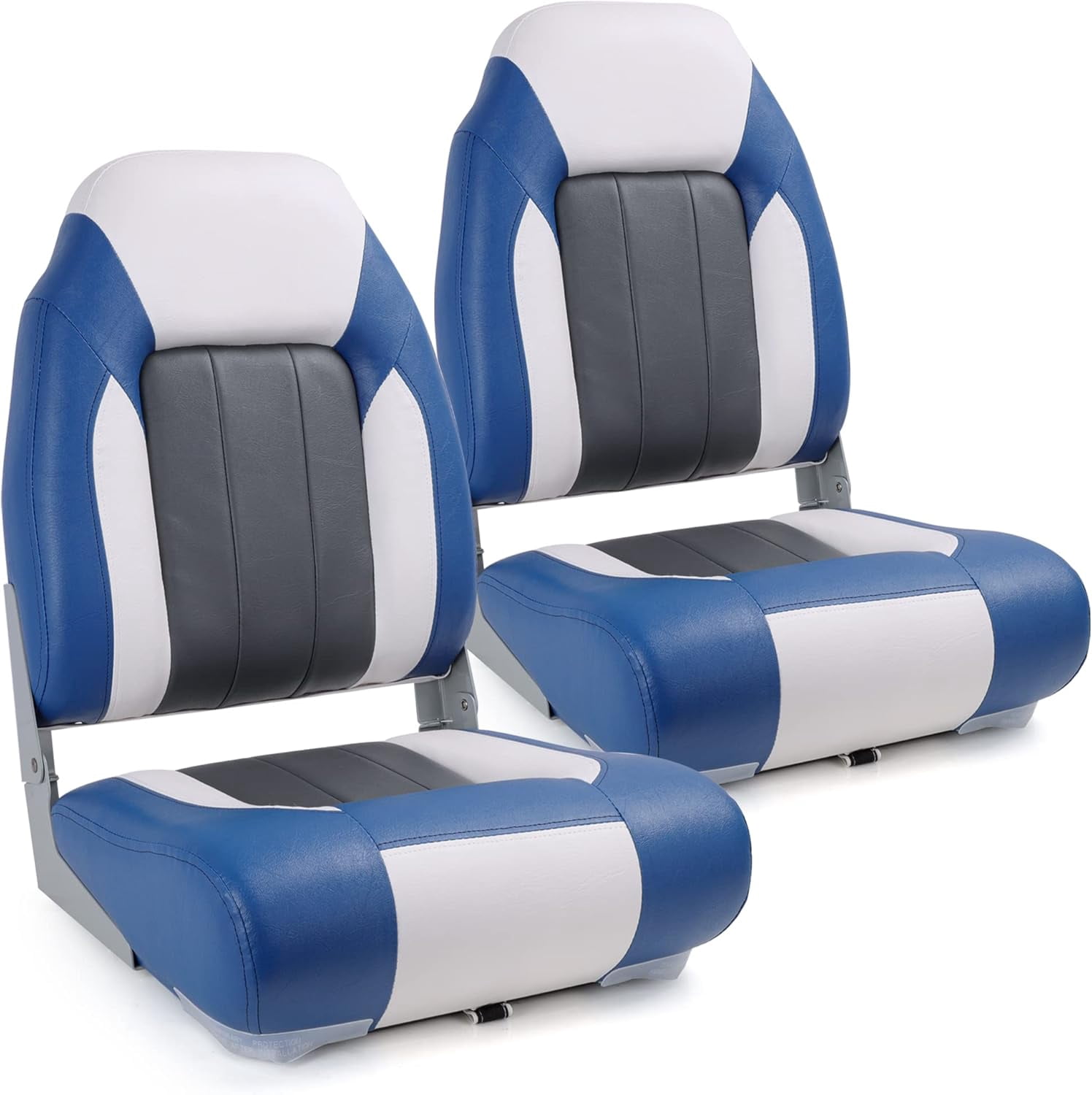DeckMate High Back Folding Boat Seats - 2 Pack, Light Gray & Blue, Pedestal Mount