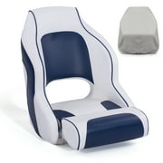 NORTHCAPTAIN M1 Premium Sport Flip Up Boat Seat Captain Bucket Seat with Boat Seat Cover,White/Navy Blue