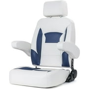 NORTHCAPTAIN Premium Pontoon Captain's Chair High Back Reclining Pontoon Bucket Boat Seat with Armrests and Adjustable Headrest,White/Navy Blue