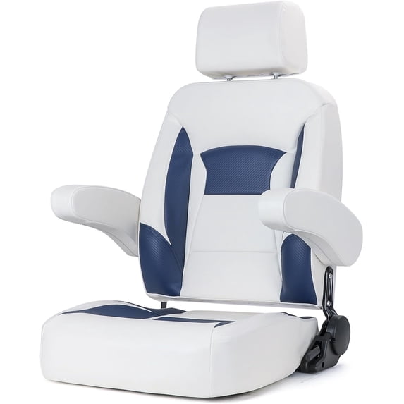 NORTHCAPTAIN Premium Pontoon Captain's Chair High Back Reclining Pontoon Bucket Boat Seat with Armrests and Adjustable Headrest,White/Navy Blue