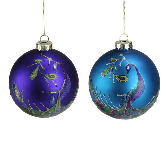 Set of 2 Regal Peacock Purple and Blue Glass Ball Christmas Ornament 4"