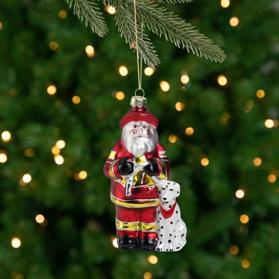 Fireman Santa Claus with Dalmatian Glass Christmas Ornament - 5" - Red and White