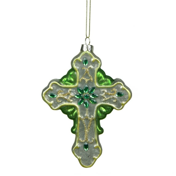 5" Green and White Luck of the Irish Mercury Cross Glass Christmas Ornament