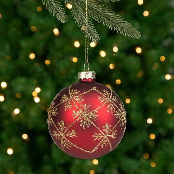 3.25" Burgundy Red and Gold Glittered Snowflake Glass Ball Christmas Ornament