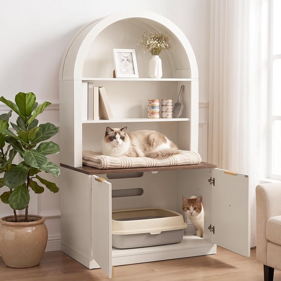 NORTHSKY 57" Cat Litter Box Enclosure with Shelve, 2-in-1 Hidden Litter Box Furniture, White