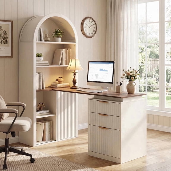 NORTHSKY 61" L-Shaped Desk with Arched Bookshelf, Fluted Corner Computer Desk with 3 Drawers, Sleek Sliding Door, Built-in Charging Station, Elegant Modern Workstation for Home Office, White