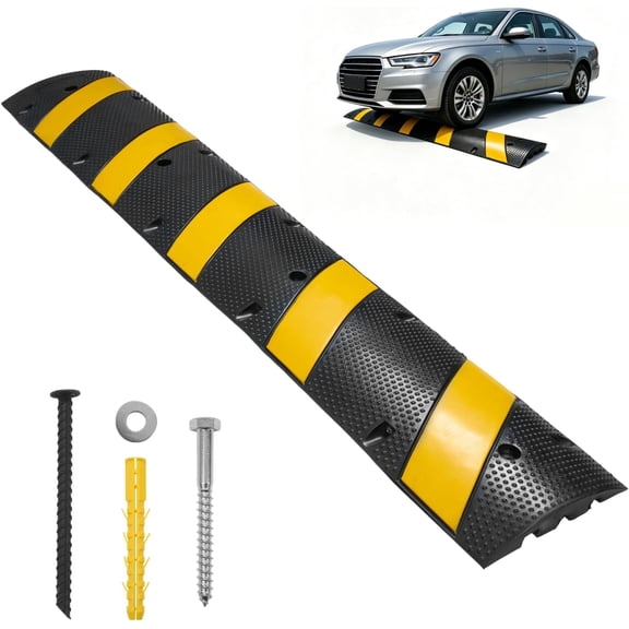 NORTHSKY 6FT Rubber Speed Bump, Heavy Duty Speed Bump Cable Protector Ramp for Driveway, Road Parking, Garage, Parking Lot, Warehouse,72" x 11.8" x 1.77" (1, 6FT No End Cap)