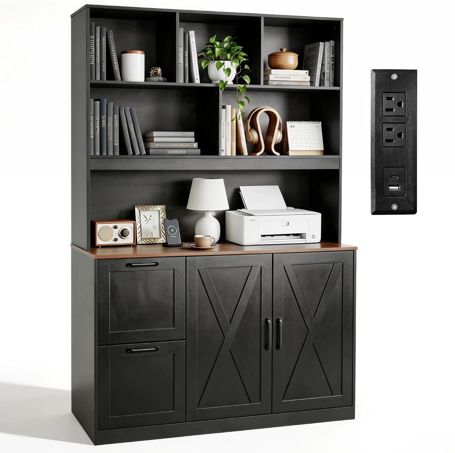 NORTHSKY 72'' Tall Bookshelf with Power Outlet, 2 Drawer File Cabinet for A4 Hanging Files, 3-Tier Open Shelves & Closed Storage Cabinets, Multifunctional Printer Stand - Black