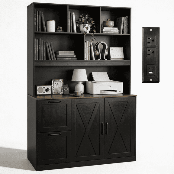 NORTHSKY 72'' Tall Bookshelf with Power Outlet, 2 Drawer File Cabinet for A4 Hanging Files, 3-Tier Open Shelves & Closed Storage Cabinets, Multifunctional Printer Stand - Black
