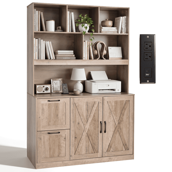 NORTHSKY 72'' Tall Bookshelf with Power Outlet, 2 Drawer File Cabinet for A4 Hanging Files, 3-Tier Open Shelves & Closed Storage Cabinets, Multifunctional Printer Stand - Light Brown