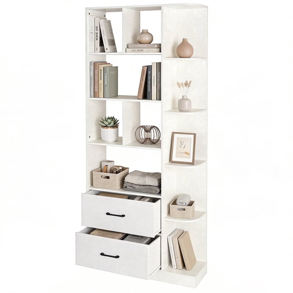 NORTHSKY Book Shelf with 2 X Fabric Drawers, 5-Tier Tall Bookshelf, Modern Wood Storage Organizer with Open Shelves for Living Room Bedroom Home Office, White