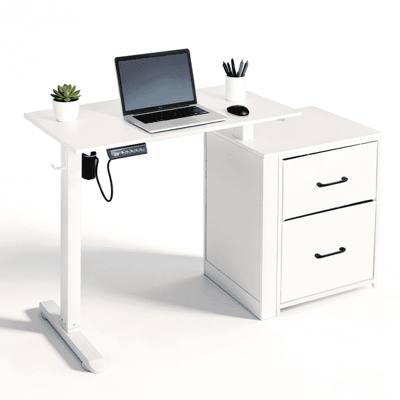 NORTHSKY Small Electric Standing Desk with Drawers, 32 x 18 Inches Sit Stand Desk with Storage, Height Adjustable Small Computer Desk, 3 Memory Preset, 1 Hook, Cable Management, White