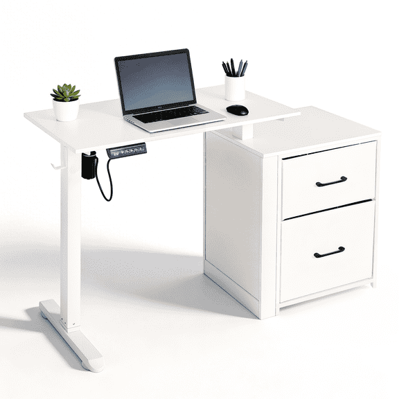 NORTHSKY Small Electric Standing Desk with Drawers, 32 x 18 Inches Sit Stand Desk with Storage, Height Adjustable Small Computer Desk, 3 Memory Preset, 1 Hook, Cable Management, White