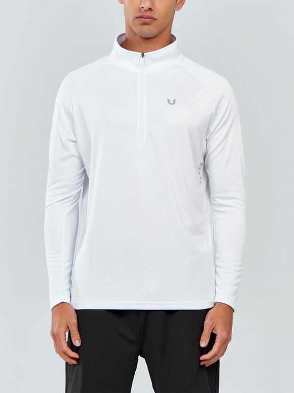 Men's Quarter Zip Pullover Long Sleeve Athletic Shirts 1/4 Zip Quick Dry Running Gym Workout T-Shirts White L