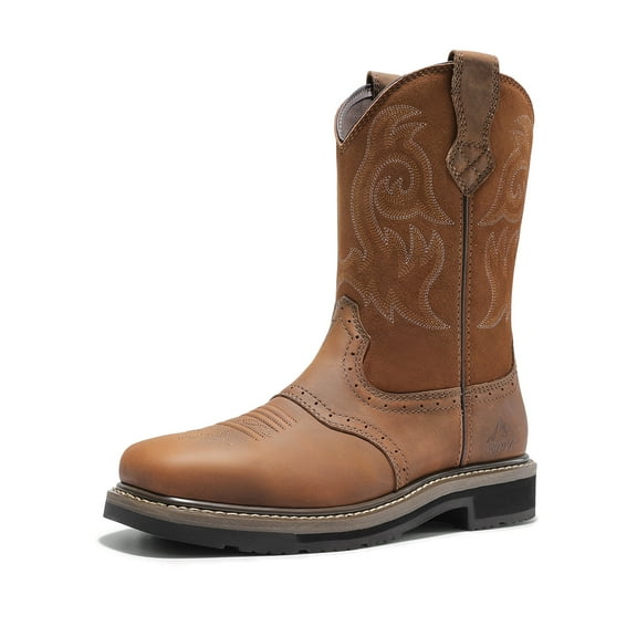 NORTIV 8 Steel Toe Cowboy Boots for Men Western Square Toe Leather Work Boots with Hazard Protection,for Construction Farming Bronco Trailblazer