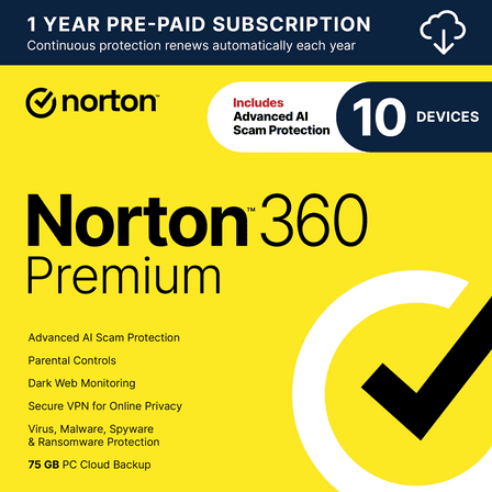 Norton 360 Premium, Antivirus, 10 Devices, 1 Year Subscription, PC/Mac/iOS/Android (Digital Download)