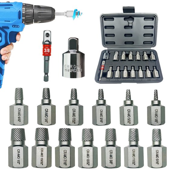 NORTOOLS 15PCS CR-MO Screw Extractor Set  3/8" Hex Drive Multi-Spline Easy-Out Kit for Broken, Stripped, Rounded Screws/Bolts, Broken Bolt RemoverIncludes Adapter & Blow-Molded Case (1/8"-1/2")
