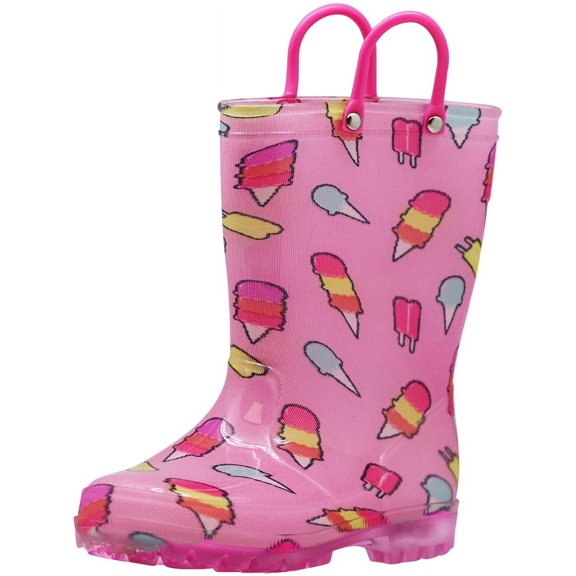 NORTY Girls Light-Up PVC Waterproof Rain Boots Fun Colors Patterns Easy-On Handles